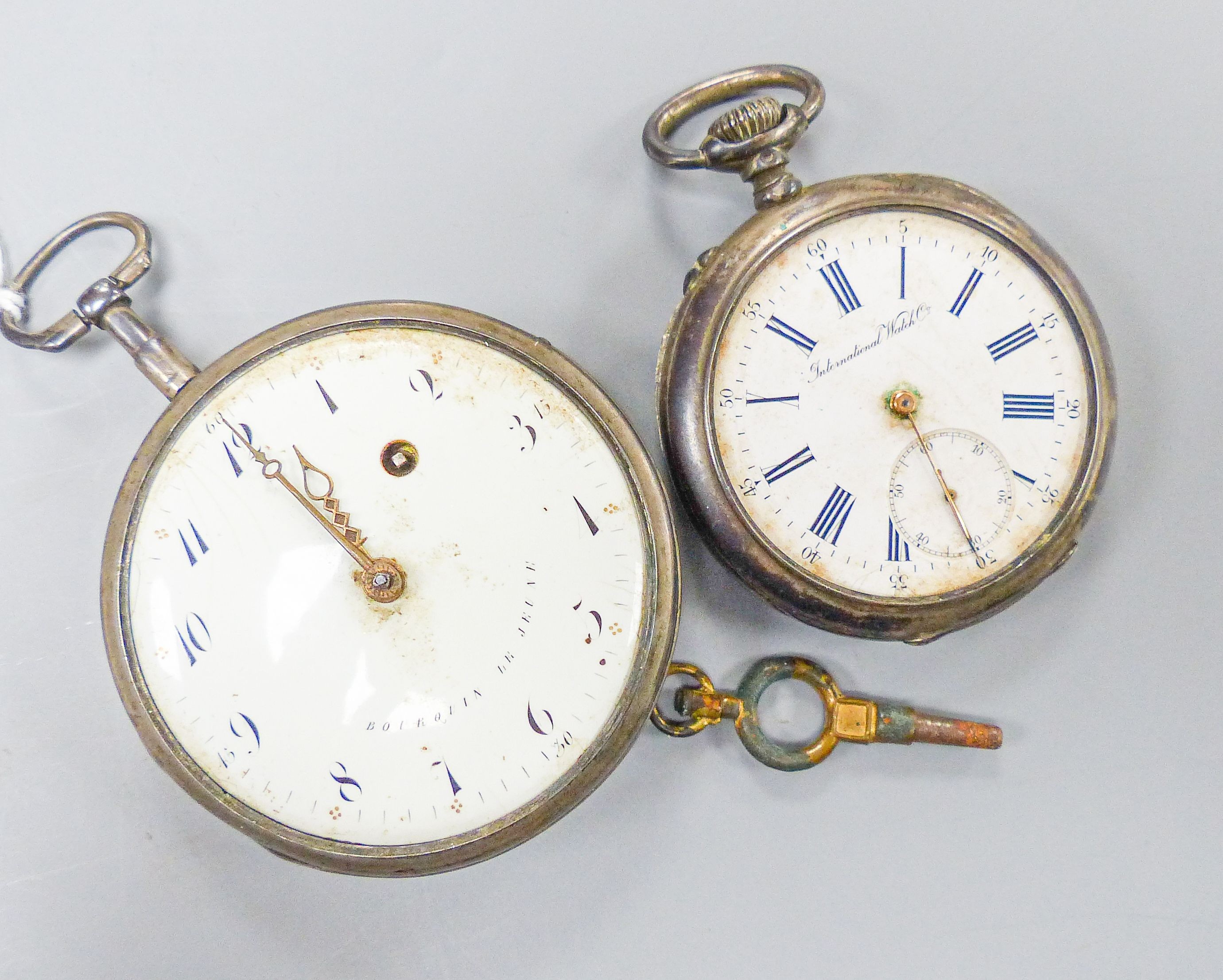 A late 18th century French silver keywind pocket watch by Borguin le Jeune, chain driven and with white enamel dial (lacking glass), case diameter 6cm. and an IWC 800 standard pocket watch.